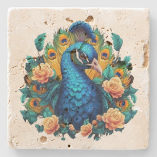 Pfau mit PfirsichRose Steinuntersetzer