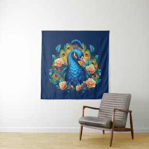 Pfau mit PfirsichRose Wandteppich