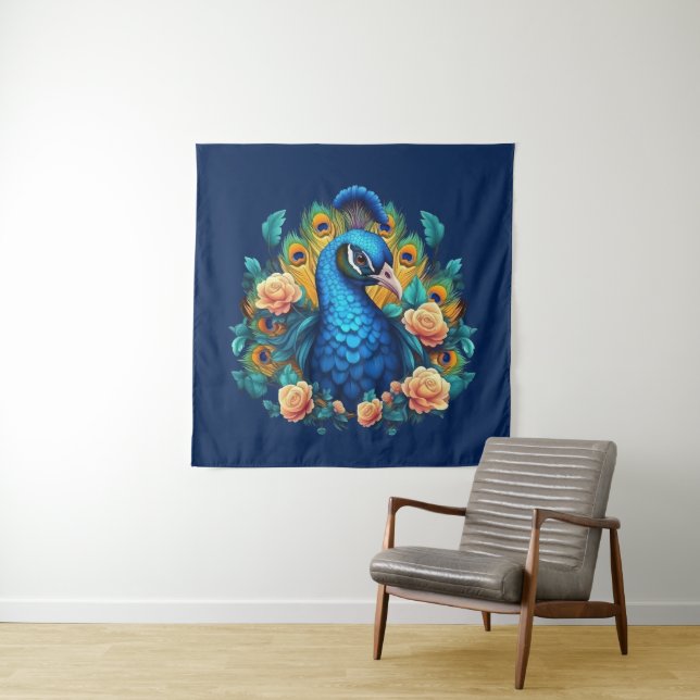 Pfau mit PfirsichRose Wandteppich (Beispiel)