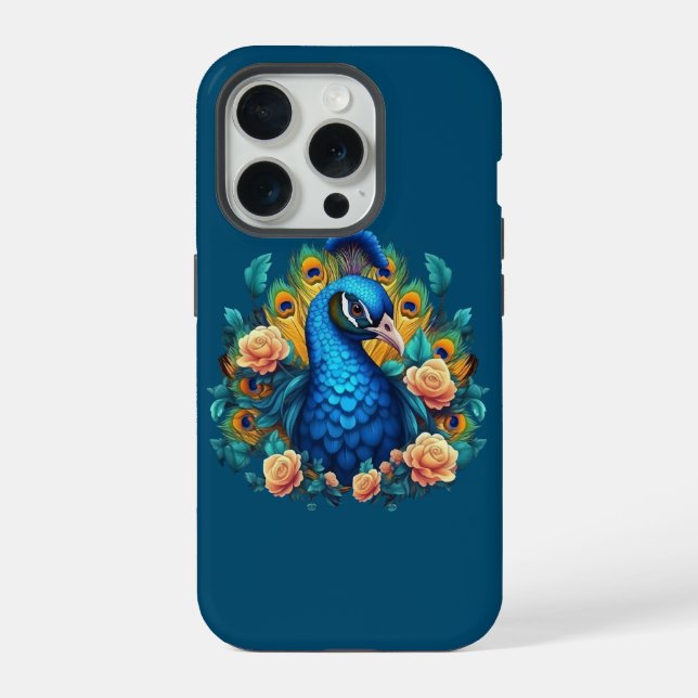 Pfau mit Pfirsichrosen iPhone 15 Pro Hülle (Rückseite)