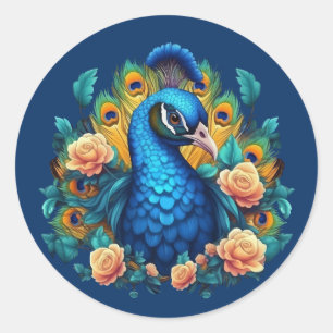 Pfau mit Pfirsichrosen Runder Aufkleber