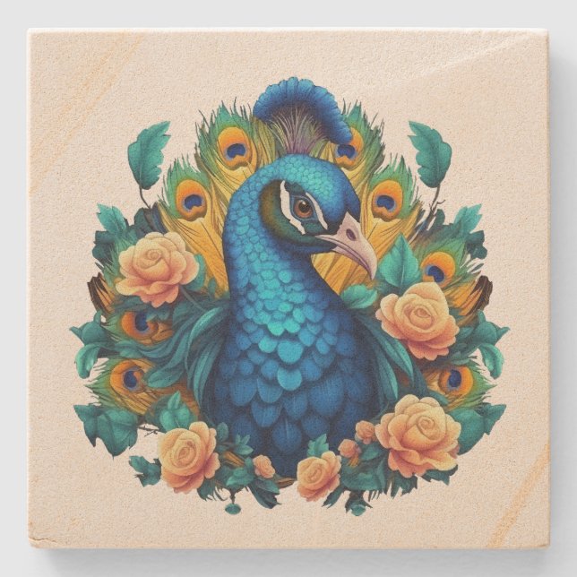 Pfau mit Pfirsichrosen Steinuntersetzer (Vorderseite)