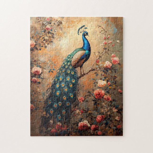 Pfau mit rosafarbenen Rosen Malerei (Vertikal)