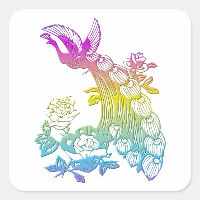 Pfau mit Rose Quadratischer Aufkleber (Vorderseite)