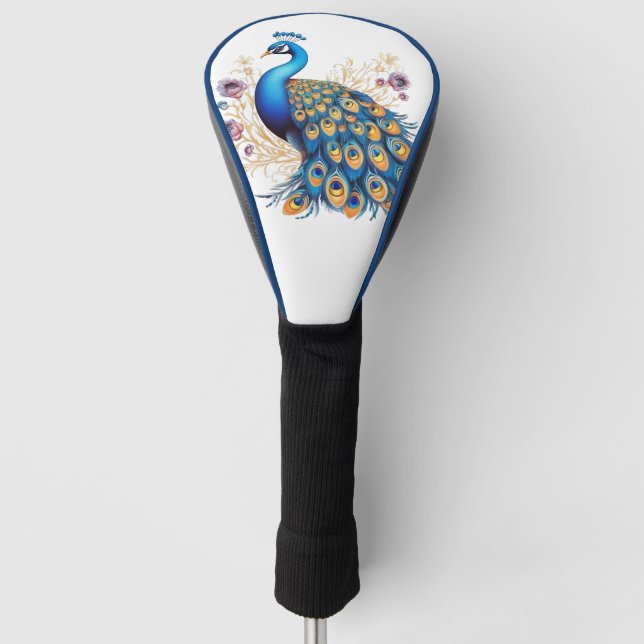 Pfau mit violetten Blumen Golf Headcover (Vorderseite)