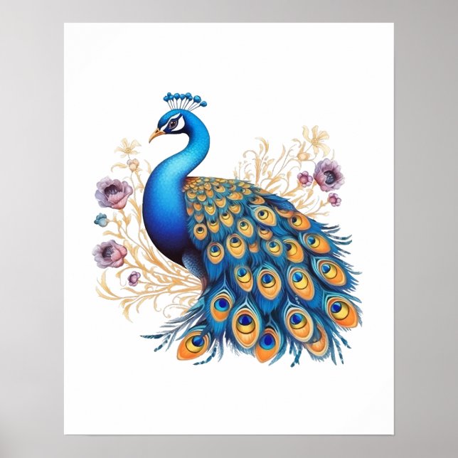 Pfau mit violetten Blumen Poster (Vorne)