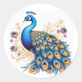 Pfau mit violetten Blumen Runder Aufkleber