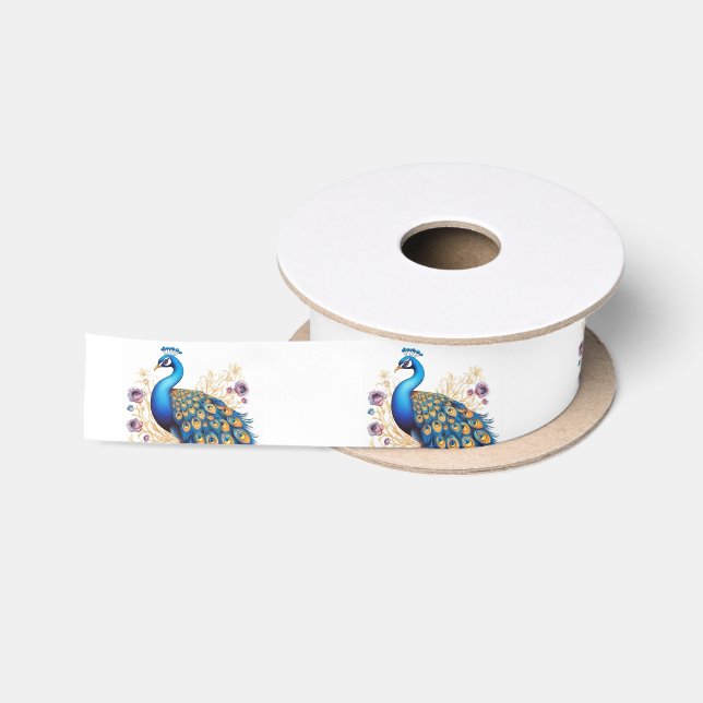 Pfau mit violetten Blumen Satinband (Spule)