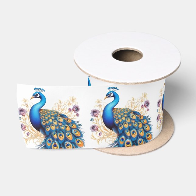 Pfau mit violetten Blumen Satinband (Spule)