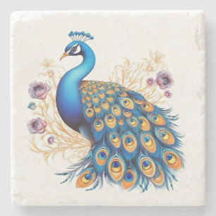 Pfau mit violetten Blumen Steinuntersetzer