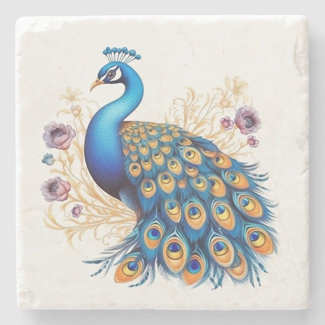 Pfau mit violetten Blumen Steinuntersetzer (Vorderseite)