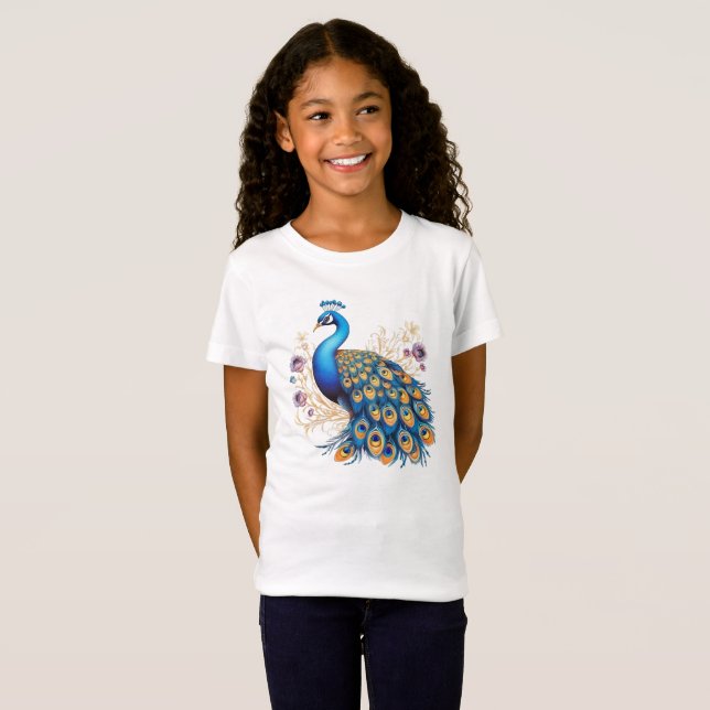 Pfau mit violetten Blumen T-Shirt (Vorne ganz)