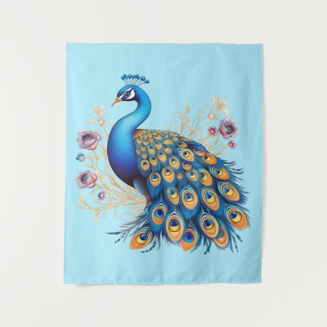 Pfau mit violetten Blumen Wandteppich (Vorderseite)