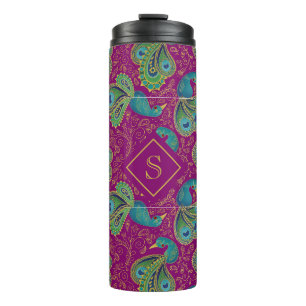 Pfau Paisley Königlich Rosa Fuchsien Monogramm Thermosbecher