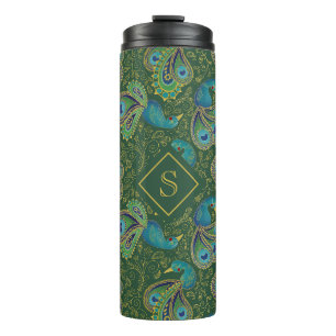 Pfau Paisley Royal Grün Monogramm Thermosbecher