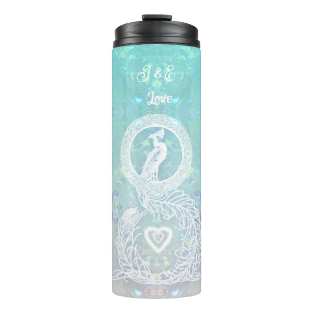Pfau romantische Hochzeit, Herz personalisiert Thermosbecher (Vorderseite)