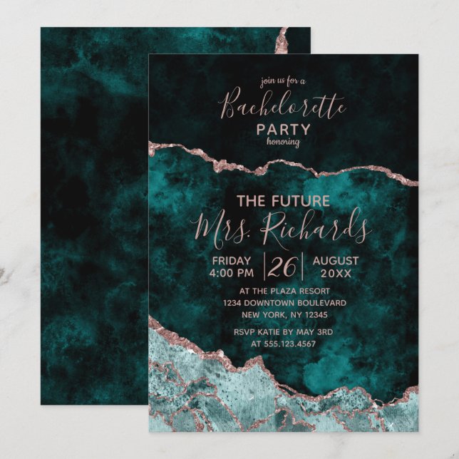 Pfau & Rose Gold Junggeselinnen-Abschied Einladung (Vorne/Hinten)