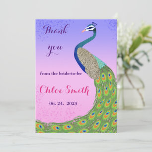 Pfau-Themen-Rosafarbene und blaue Brautdusche Dankeskarte