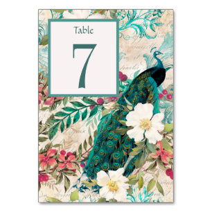 Pfau und Blume Aquamarine Hochzeitsempfang Tischnummer