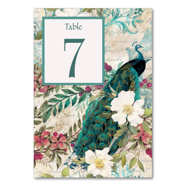 Pfau und Blume Aquamarine Hochzeitsempfang Tischnummer (Vorderseite)