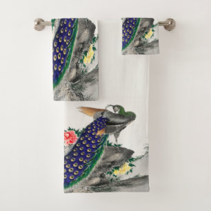 Pfau und Blume Vintage Kunst in Japan Badhandtuch Set
