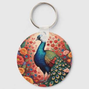 Pfau und Blumen Schlüsselanhänger