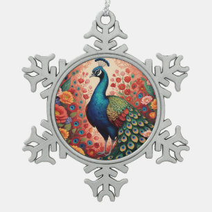 Pfau und Blumen Schneeflocken Zinn-Ornament