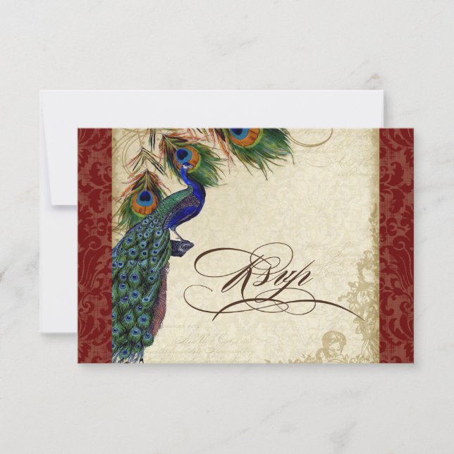 Pfau und Federn Formal UAWG Response Burgundy RSVP Karte (Vorderseite)