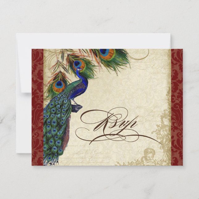 Pfau und Federn Formal UAWG Response Burgundy RSVP Karte (Vorderseite)