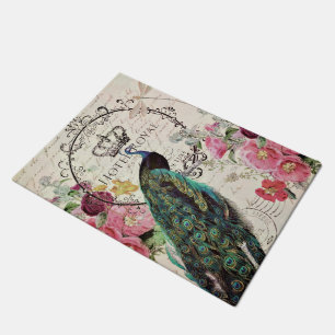 Pfau und Frühlingsblumen Fußmatte