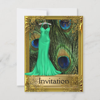 Pfau und goldgrünes Party Einladung