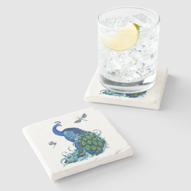 Pfau und Libellen-Design-Set Steinuntersetzer (Seitenansicht)