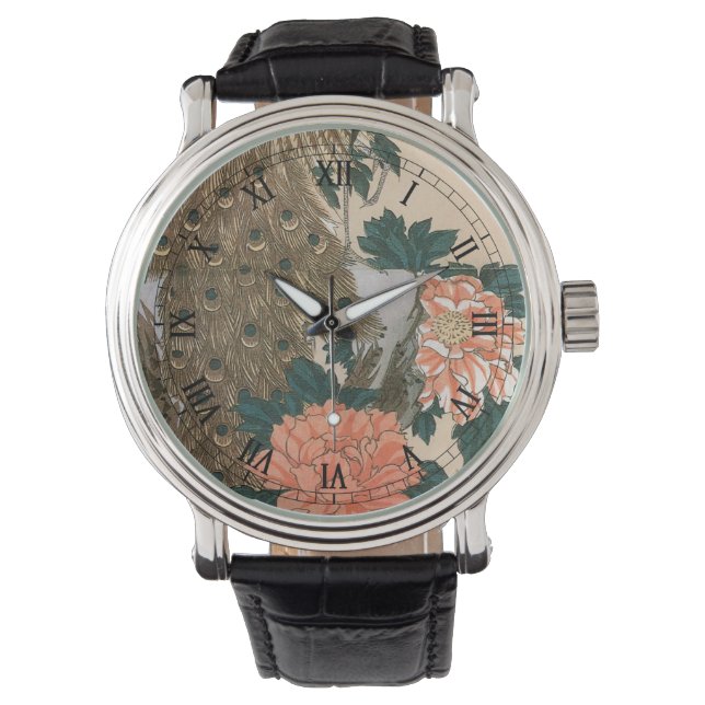 Pfau und Pfaue von Hiroshige, japanische Kunst Armbanduhr (Vorderseite)