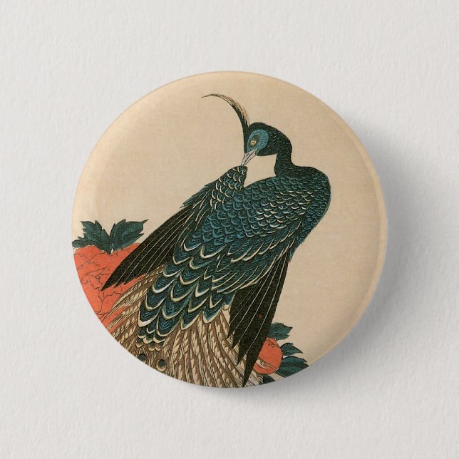 Pfau und Pfaue von Hiroshige, japanische Kunst Button (Vorderseite)