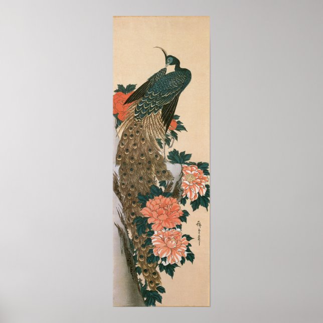 Pfau und Pfaue von Hiroshige, japanische Kunst Poster (Vorne)