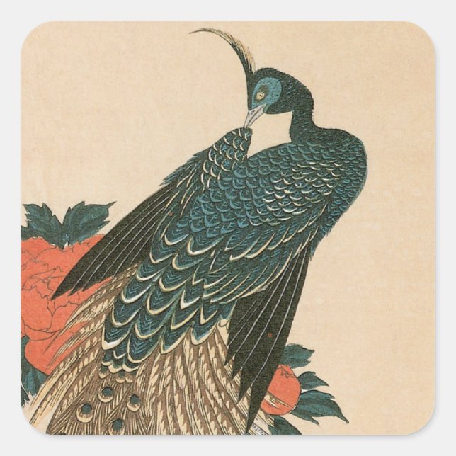 Pfau und Pfaue von Hiroshige, japanische Kunst Quadratischer Aufkleber (Vorderseite)