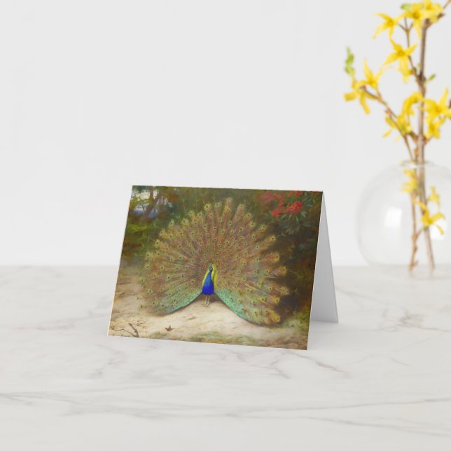 Pfau und Pfauenschmetterling, KunstIllustration Karte (Gelbe Blume)