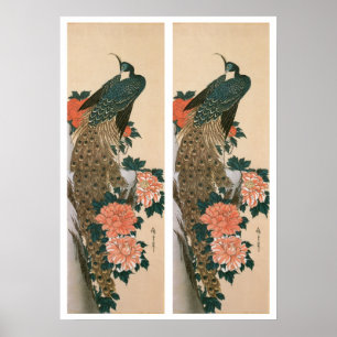 Pfau und Pfingstrosen durch Hiroshige, japanische Poster
