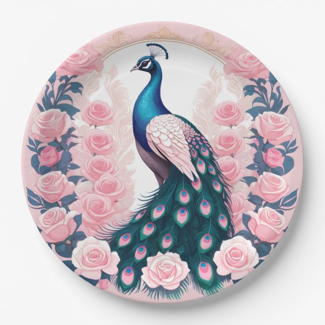 Pfau und Rose Pappteller (Vorderseite)