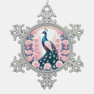Pfau und Rose Schneeflocken Zinn-Ornament