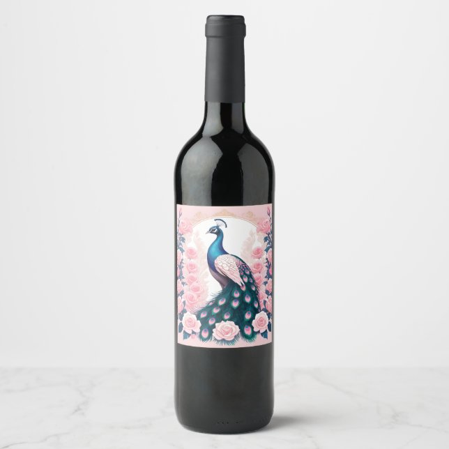 Pfau und Rose Weinetikett (Vorderseite)