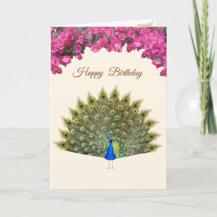 Pfau und tropische Blumen auf elfenbeinfarbenem Ge