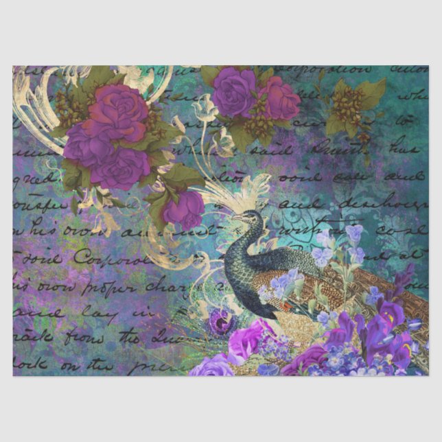 Pfau- und Violett-Blumenzauber Seidenpapier (Vorderseite)