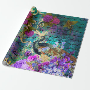 Pfau- und Violettblüten Geschenkpapier