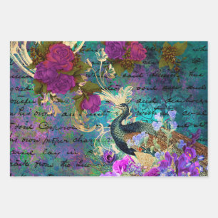 Pfau- und Violettblüten Geschenkpapier Set
