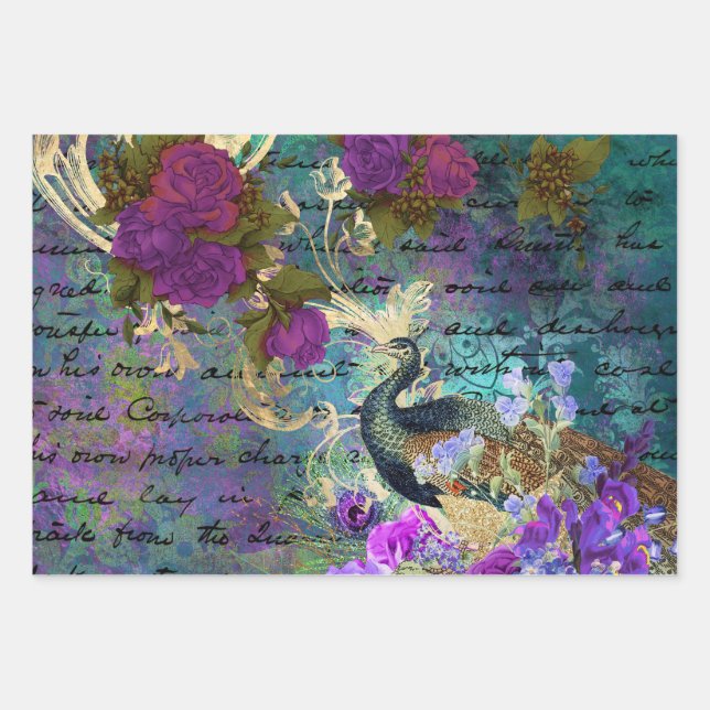 Pfau- und Violettblüten Geschenkpapier Set (Vorderseite)
