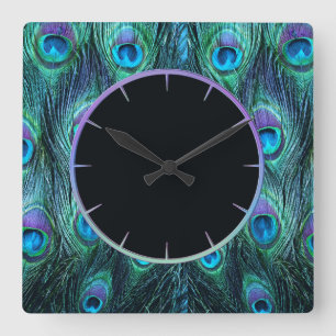 Pfau versieht Aqua mit Federn Quadratische Wanduhr
