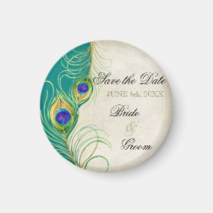 Pfau versieht Damast Save the Date mit Federn Magnet