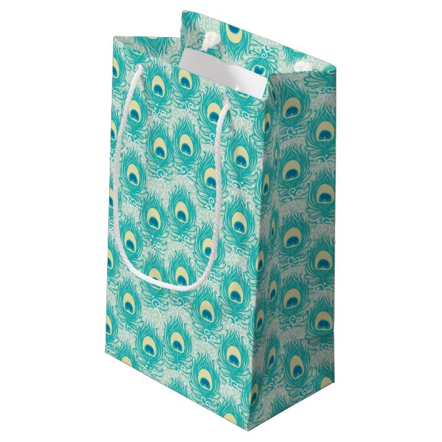 Pfau versieht Muster mit Federn Kleine Geschenktüte (Rückseite Schrägansicht)