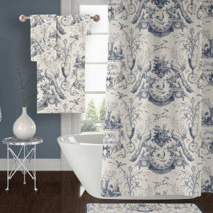 Pfau Vintage Französische Toile Blau Hahn und Hase Duschvorhang